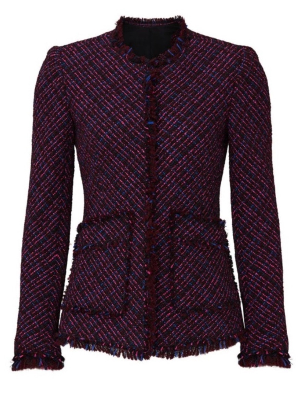 Rebecca Taylor Burgundy Tweed Fringe-Trim Blazer